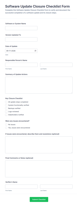 Software Update Closure Checklist Form Template