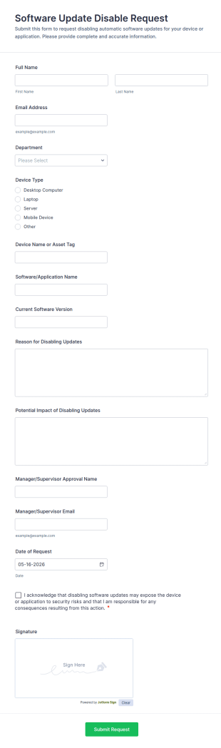 Software Update Disable Request Form Template