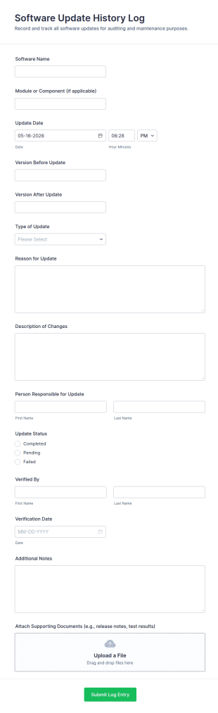 Software Update History Log Form Template