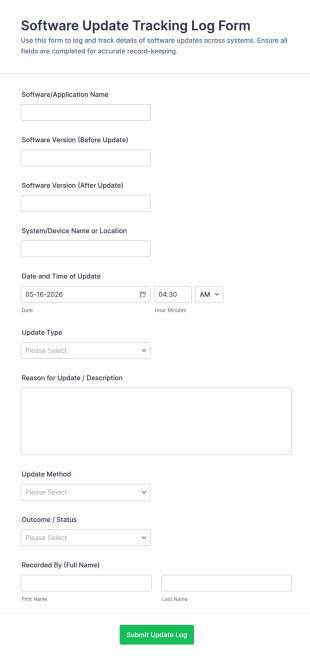 Software Update Tracking Log Form Template