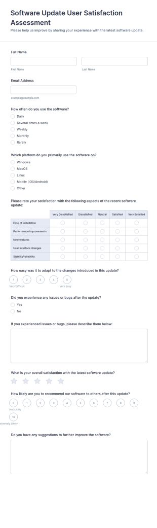 Software Update User Satisfaction Assessment Form Template