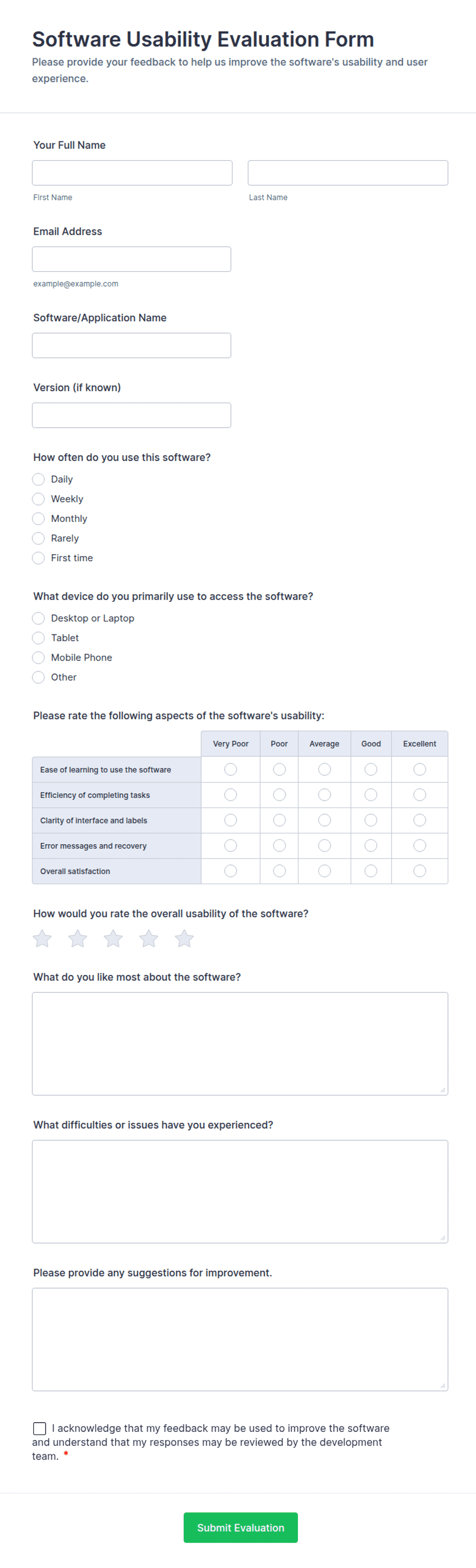 Software Usability Evaluation Form Template | Jotform