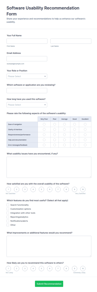 Software Usability Recommendation Form Template
