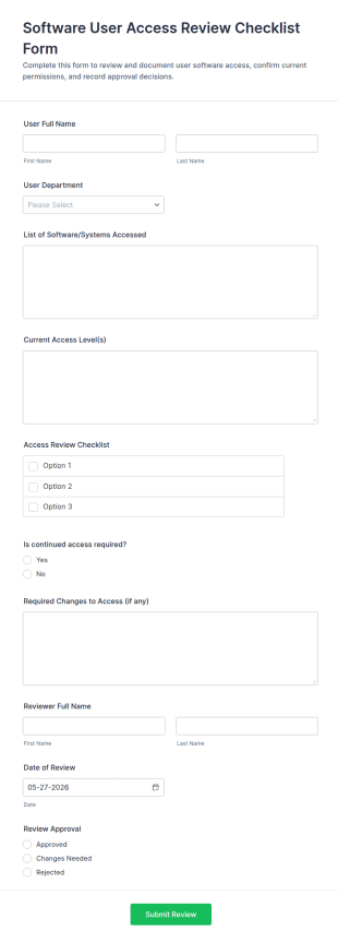 Software User Access Review Checklist Form Template