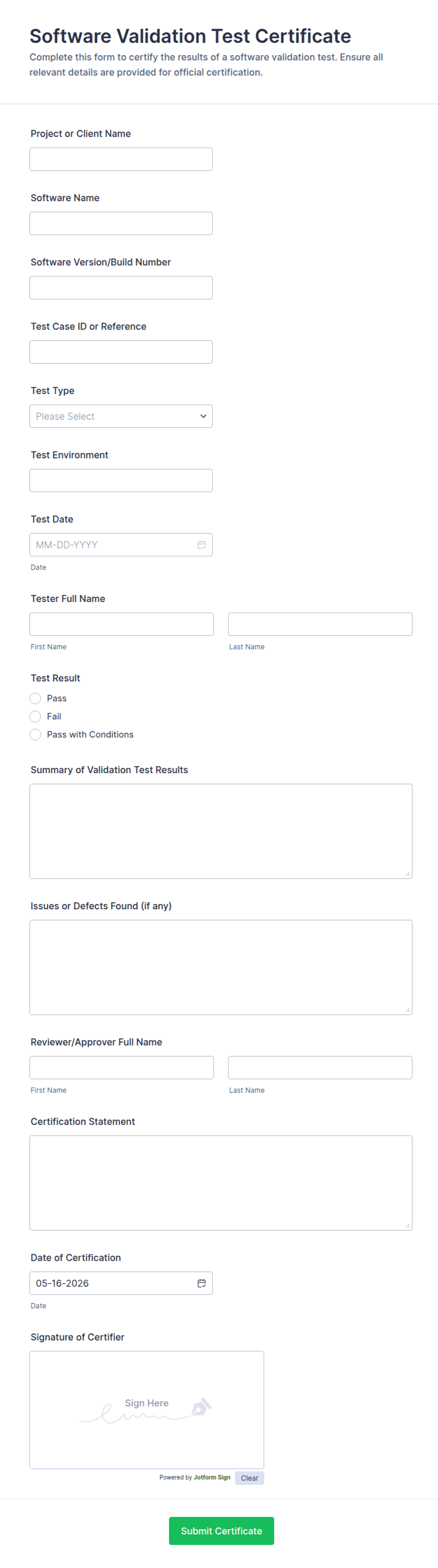 Software Validation Test Certificate Form Template | Jotform