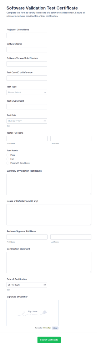 Software Validation Test Certificate Form Template