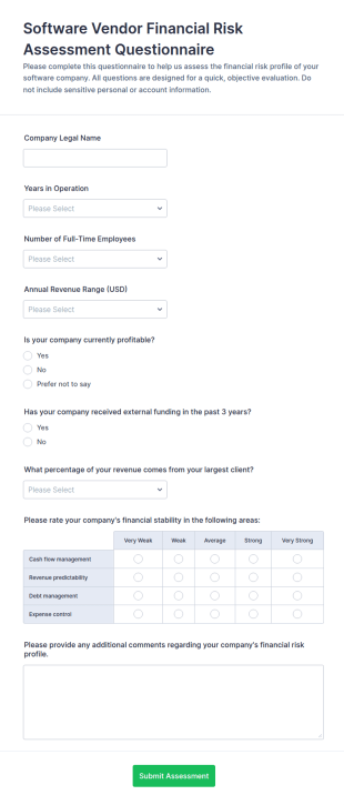Software Vendor Financial Risk Assessment Questionnaire Form Template