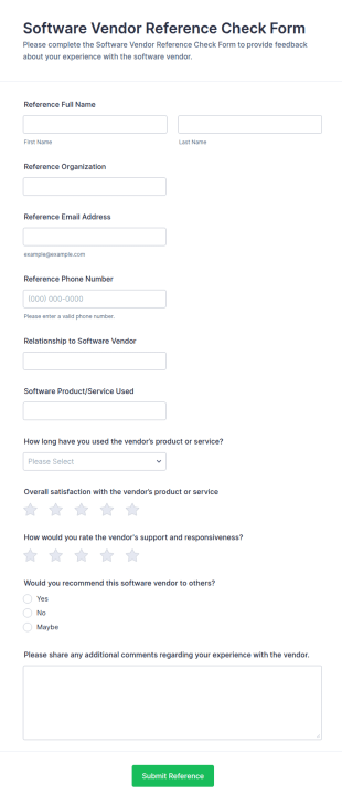 Software Vendor Reference Check Questionnaire Form Template