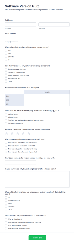 Software Version Quiz Form Template