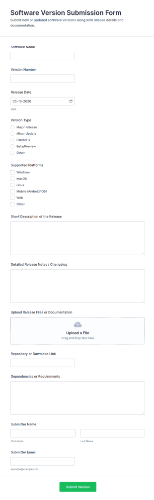 Software Version Submission Form Template