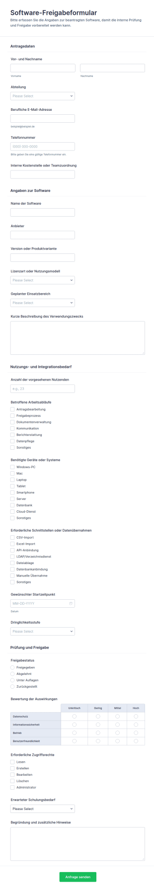 Softwarefreigabe Formular