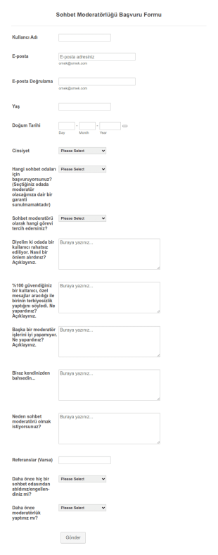 Sohbet Moderatörlüğü Başvuru Form Şablonu