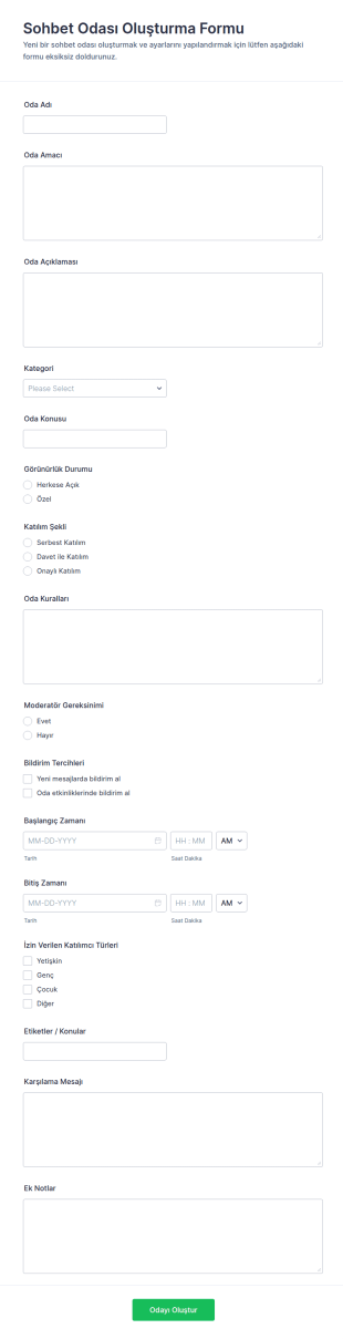Sohbet Odası Oluşturma Form Şablonu