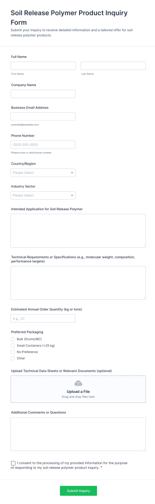 Soil Release Polymer Product Inquiry Form Template