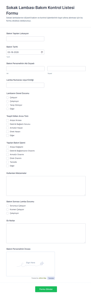 Sokak Lambası Bakım Kontrol Listesi Form Şablonu