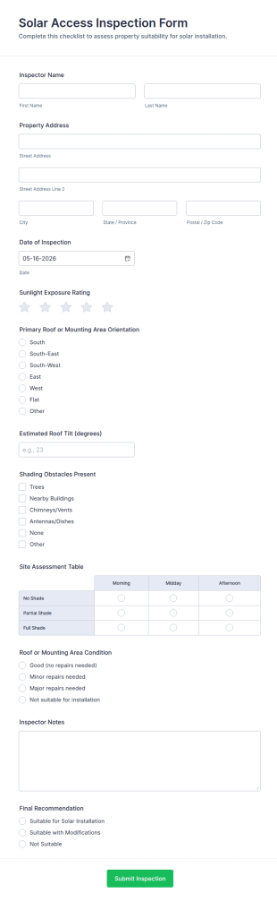 Solar Access Inspection Checklist Form Template