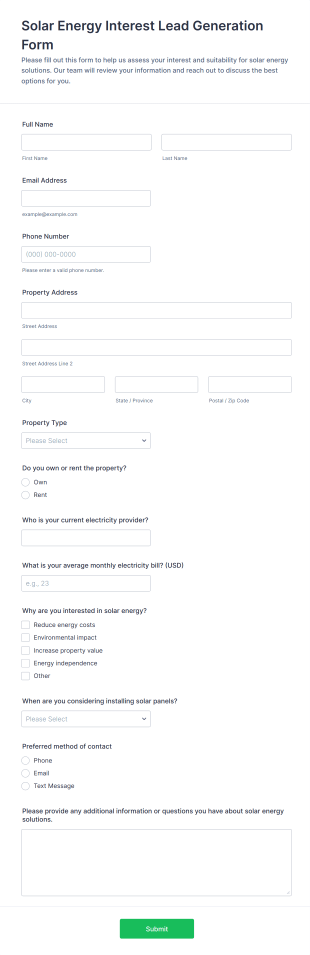Solar Energy Interest Lead Generation Form Template