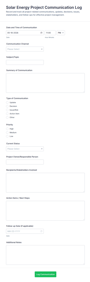 Solar Energy Project Communication Log Form Template