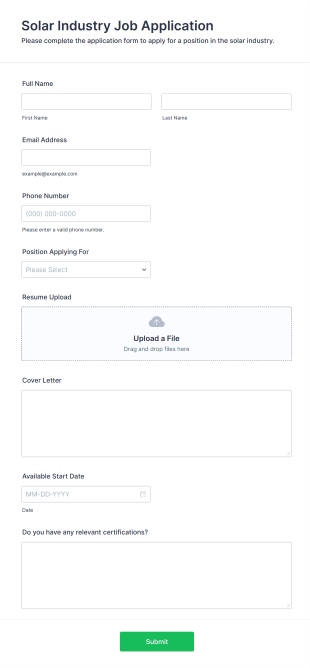 Solar Industry Job Application Form Form Template