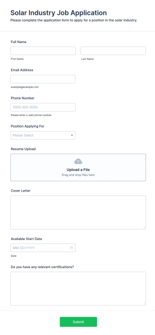 Solar Industry Job Application Form Template