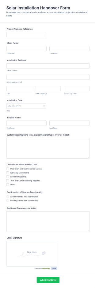 Solar Installation Handover Form Template