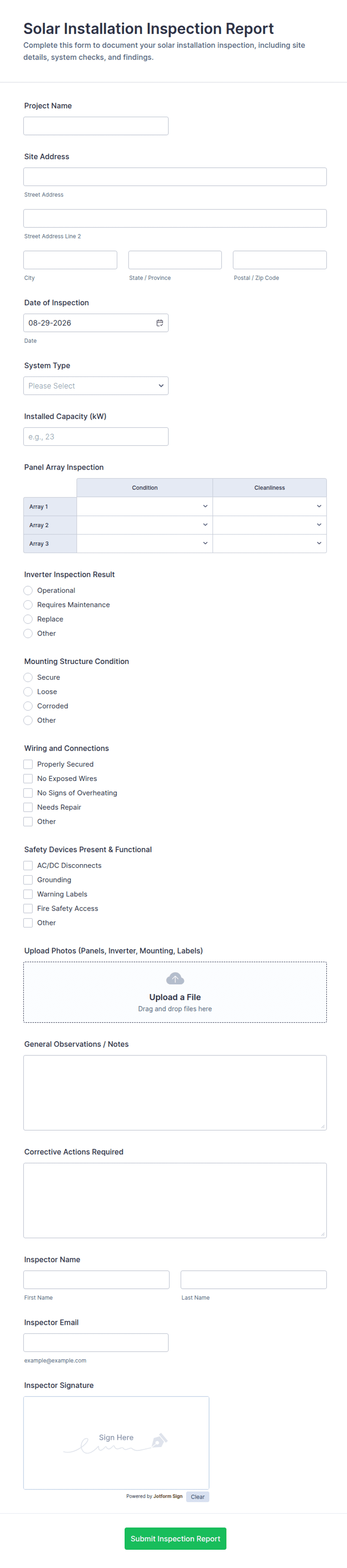 Installation Reprt Solar Installation Inspection Report Form Template | Jotform
