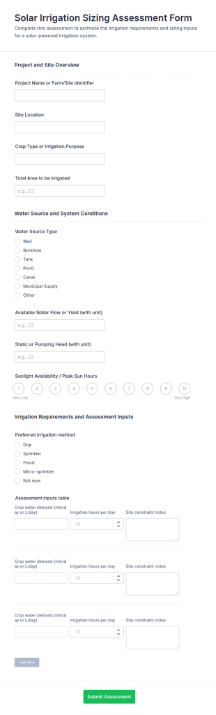 Solar Irrigation Sizing Assessment Form Template