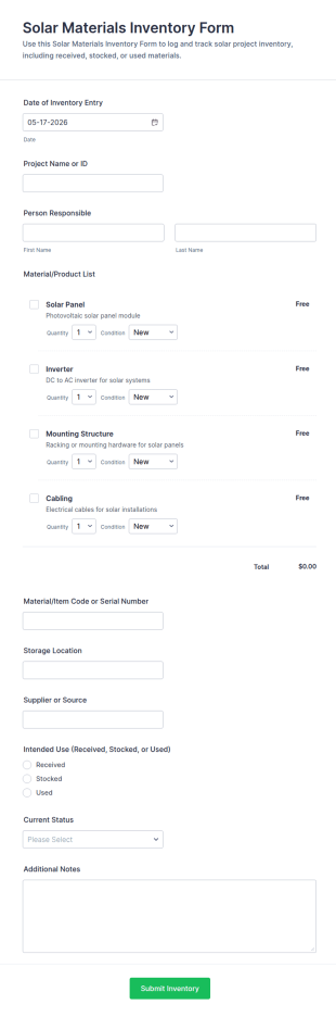 Solar Materials Inventory Form Template