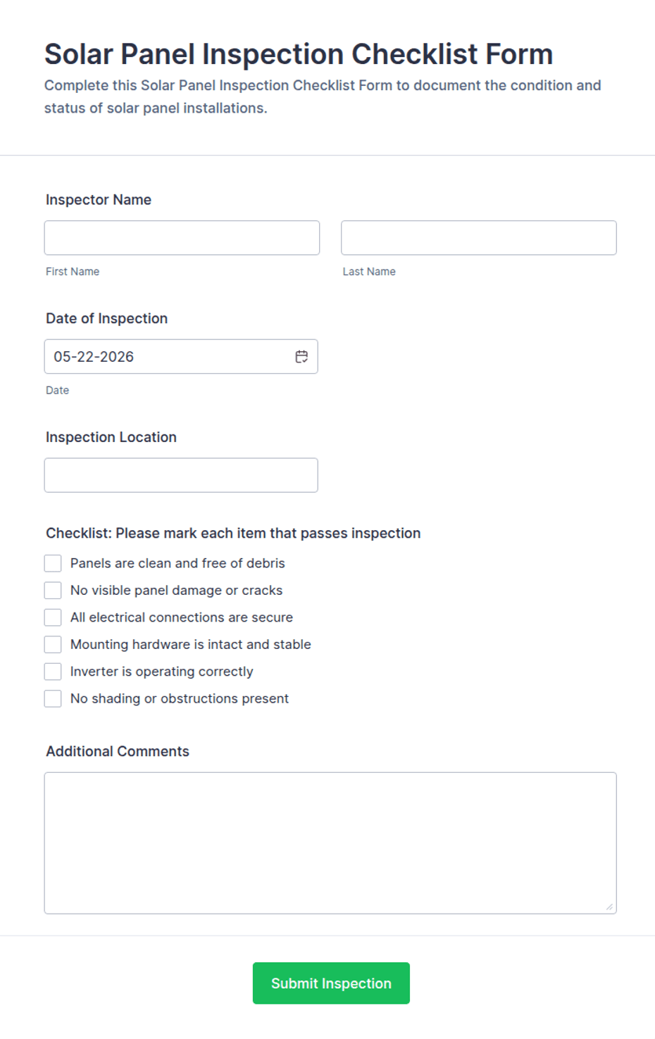 Solar Panel Inspection Checklist Form Template | Jotform
