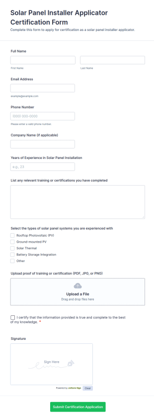 Solar Panel Installer Certification Form Template