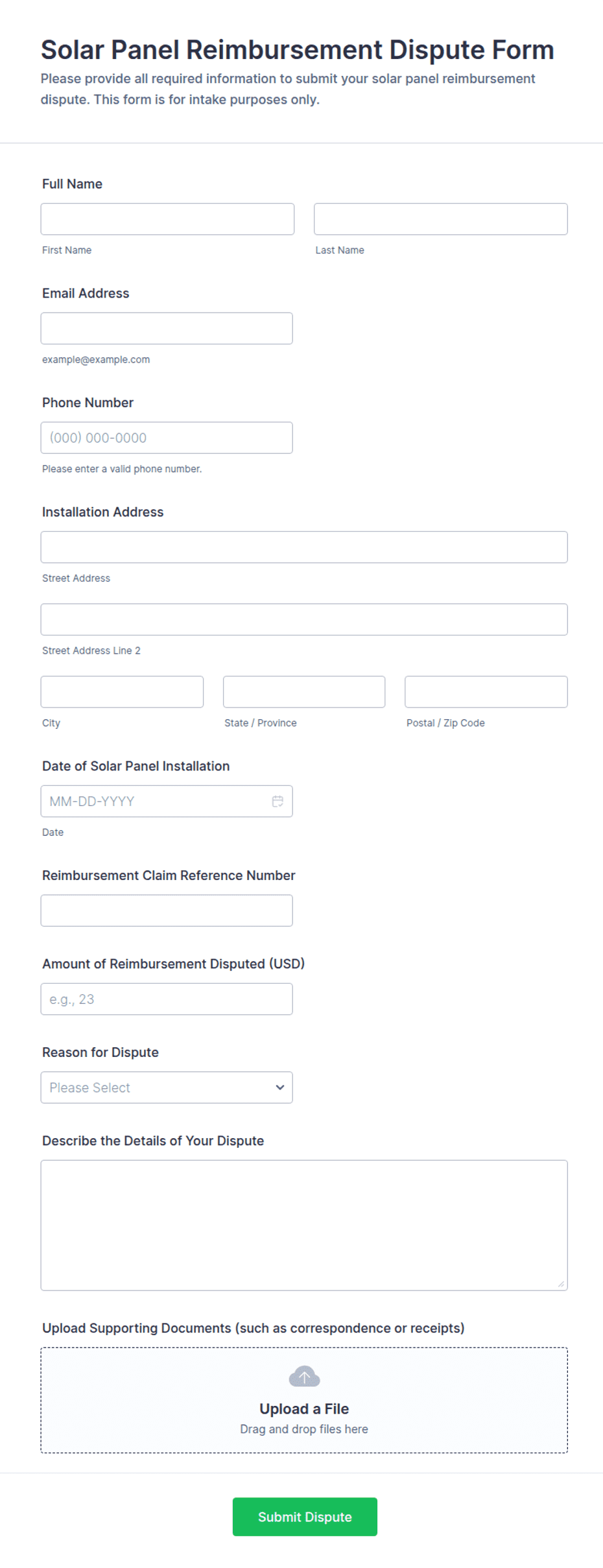 Solar Panel Assumption Form Solar Panel Reimbursement Dispute Form Template | Jotform