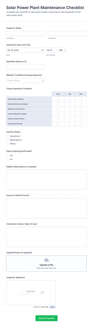 Solar Power Plant Maintenance Checklist Form Template