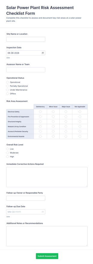 Solar Power Plant Risk Assessment Checklist Form Template