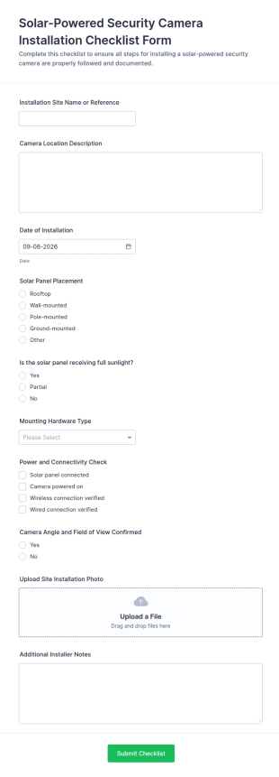 Solar Powered Security Camera Installation Checklist Form Template