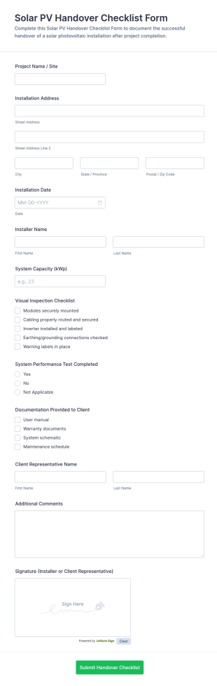 Solar PV Handover Checklist Form Template