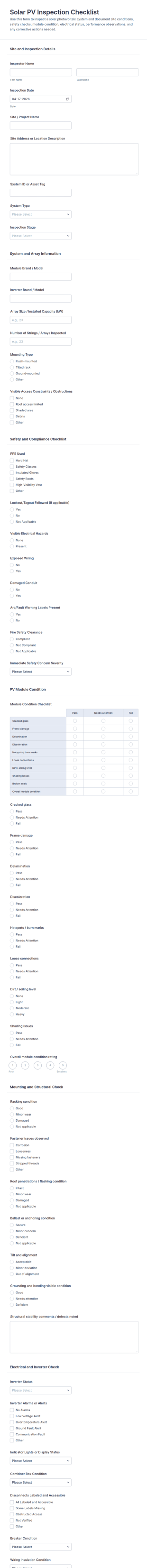 Solar PV Inspection Checklist Form Template