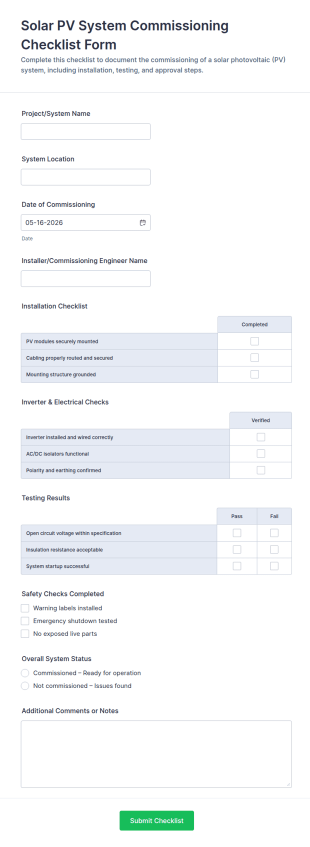 Solar PV System Commissioning Checklist Form Template