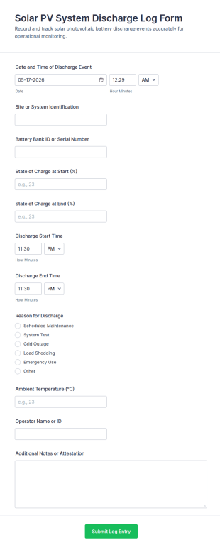 Solar PV System Discharge Log Form Template