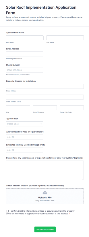 Solar Roof Implementation Application Form Template