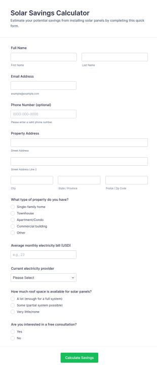 Solar Savings Calculator Form Template