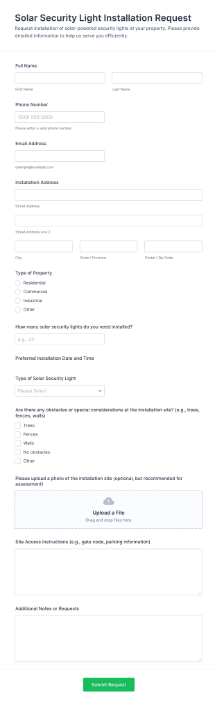 Solar Security Light Installation Request Form Template
