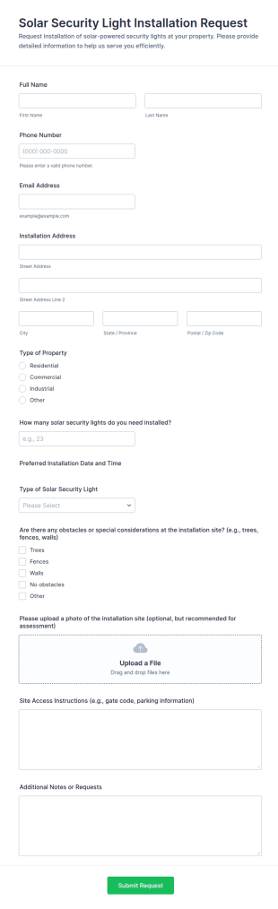 Solar Security Light Installation Request Form Template