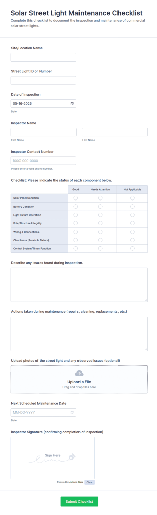 Solar Street Light Maintenance Checklist Form Template