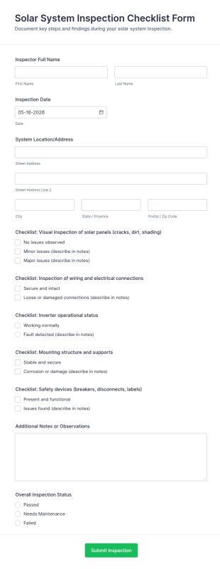 Solar System Inspection Checklist Form Template