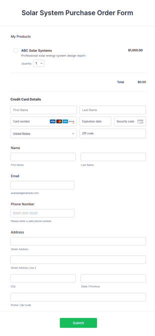 Solar System Purchase Order Form Template