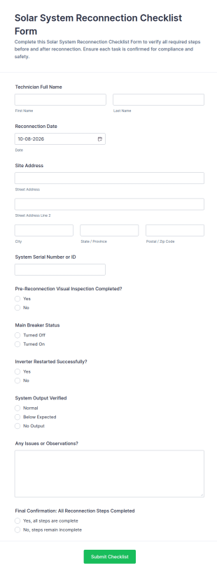 Solar System Reconnection Checklist Form Template