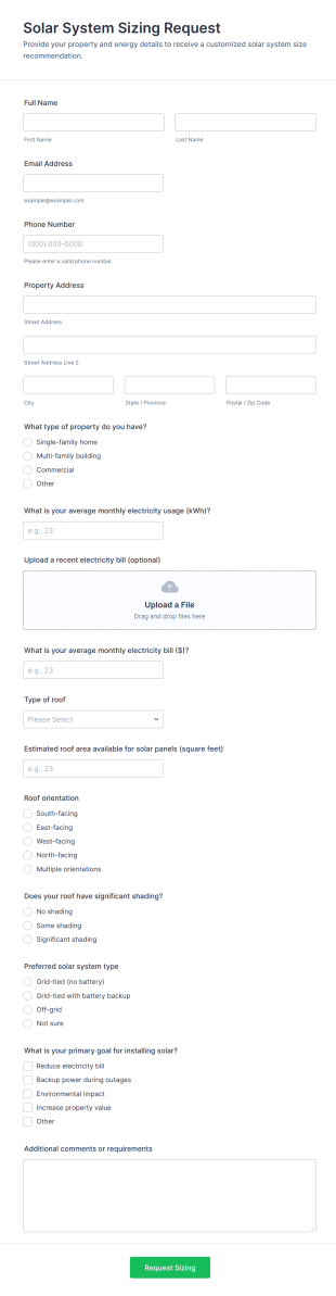 Solar System Sizing Request Form Template