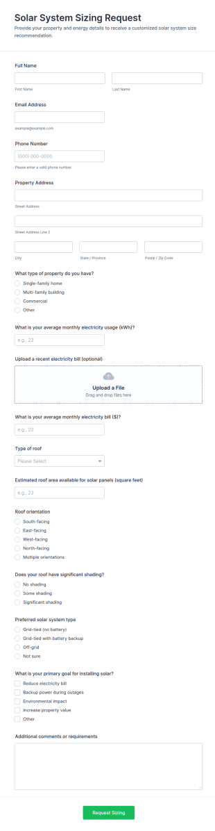 Solar System Sizing Request Form Template