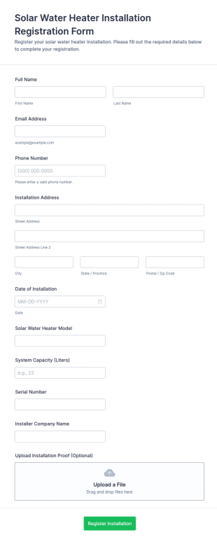 Solar Water Heater Installation Registration Form Template