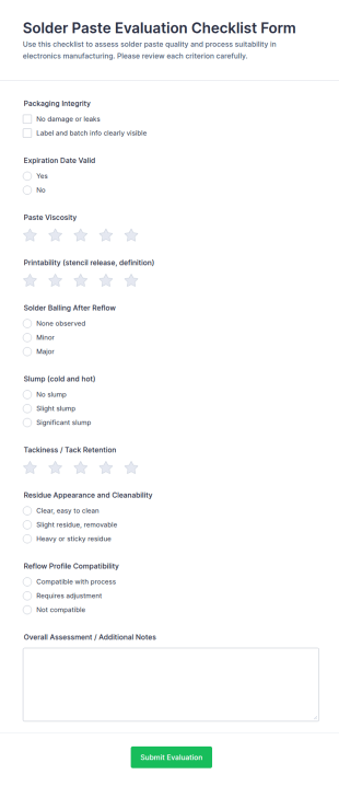 Solder Paste Evaluation Checklist Form Template